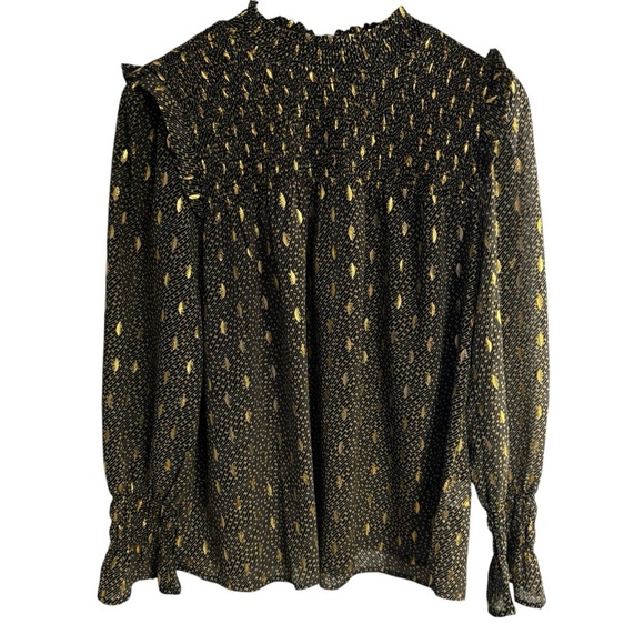 Elan Women's Blouse Small Gold Chiffon Smocked Ruffled Top Long Sleeve Shirt - Picture 1 of 6